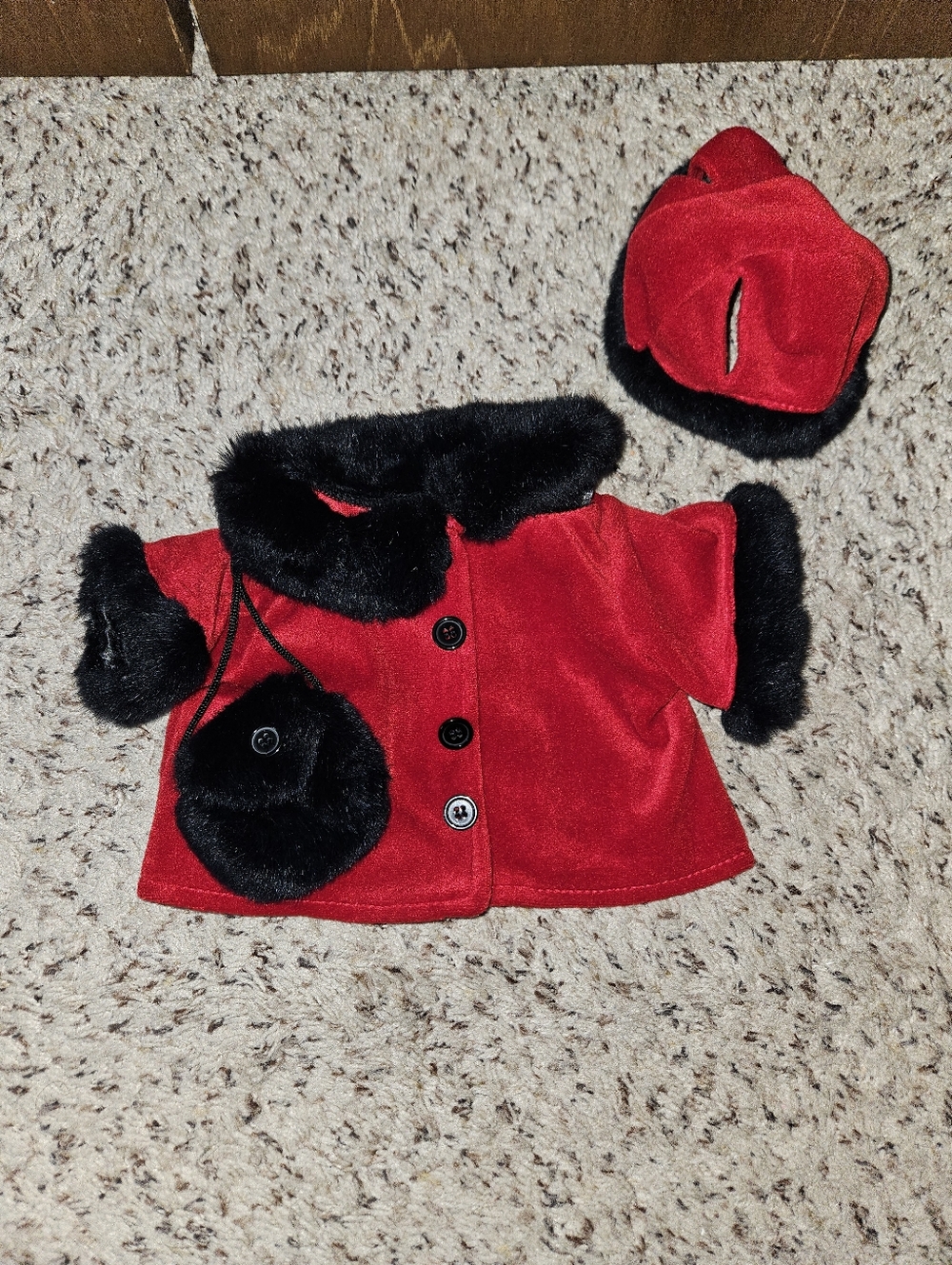 Build A Bear Red Velvet Doll Coat with Black Faux Fur Trim With Hat And Purse